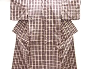 アンティーク　格子織り出し米沢紬着物・道行コートアンサンブル